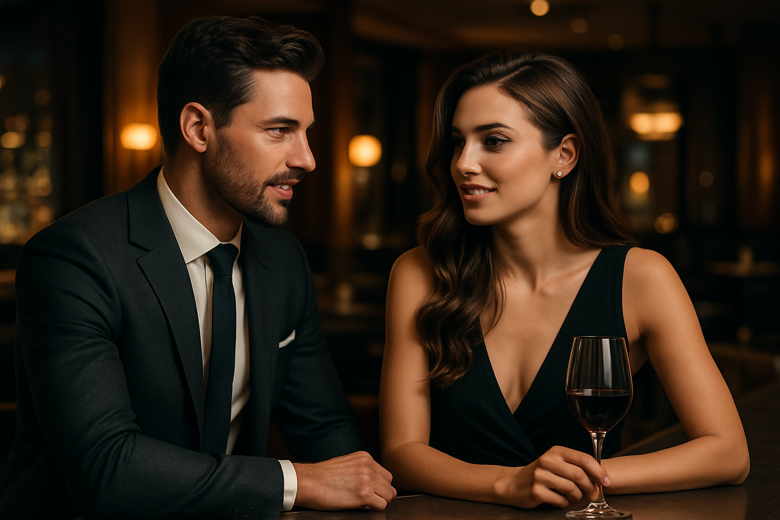 Attractive confident man in a stylish suit talking to a beautiful woman at an upscale bar or lounge