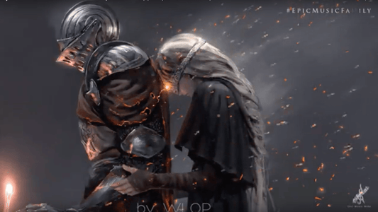 Knight in Shining Armor with Fiery Sparks Surrounding him Protects his Lady who is holding onto him from behind as they walk into the Dark sky lit by Fire and Sparks.