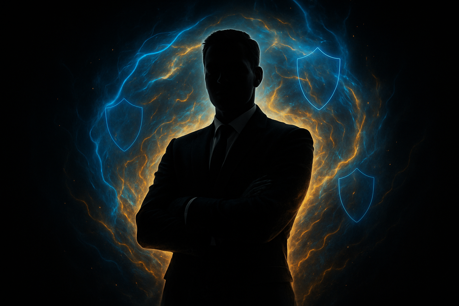 Confident businessman silhouette with energy aura